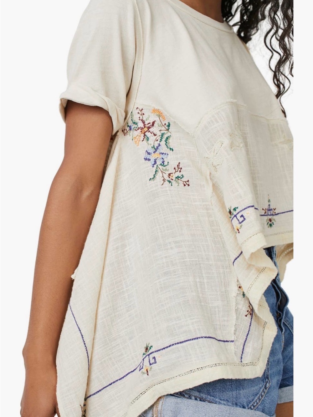 We The Free Embroidered Gauze Patchwork Tee Boho Oversized Raw Hem Top Small - Picture 1 of 8